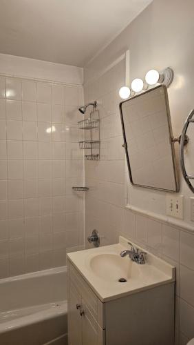 纽约Incentra Village Hotel的浴室配有盥洗盆、镜子和浴缸