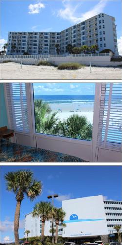 新士麦那海滩Islander Beach Resort by CV的两幅画,一幅建筑和一棵棕榈树的海滩