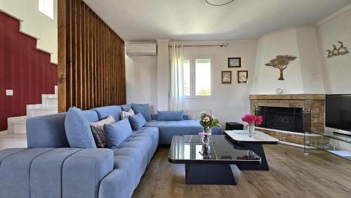 帕利乌里翁Alivia Garden的客厅设有蓝色的沙发和壁炉