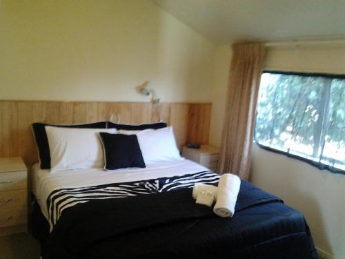 奥克兰埃文代尔汽车旅馆的一间卧室设有一张大床和窗户