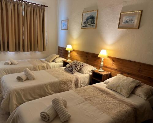 圣朱利安斯绿色树丛旅馆的酒店客房设有两张床和两盏灯。