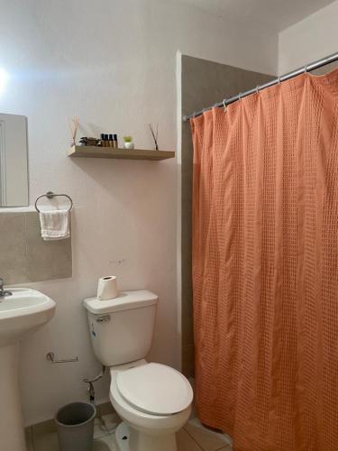 韦拉克鲁斯Departamento Los Héroes Veracruz的一间带卫生间和淋浴帘的浴室