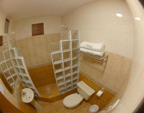 利马Hotel Asturias Inn的浴室设有卫生间,毛巾装在镜子内
