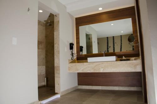 普埃布拉Hotel 5 de Mayo的一间带水槽和镜子的浴室