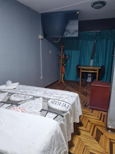 利马Hostal Chavin的卧室配有一张床和一张桌子