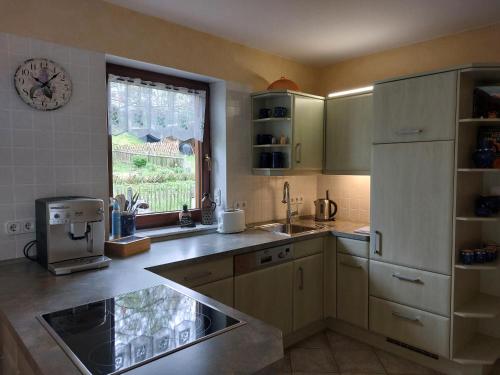 措伊伦罗达Ferienhaus Triebesgrund的厨房设有水槽和窗户。