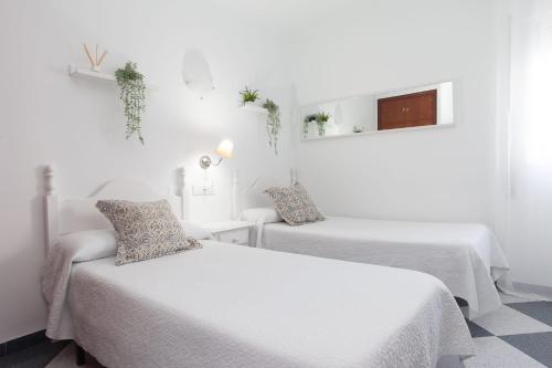 罗塔Hostal Restaurante La Giralda的白色墙壁客房的两张床
