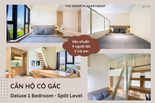 巴地市The Rebirth Apartment Binh Chau Ho Tram的一张带床和阁楼的房间的照片拼合在一起