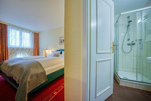 维斯马Hotel Seeblick Wismar的一间卧室设有一张床和一个玻璃淋浴间