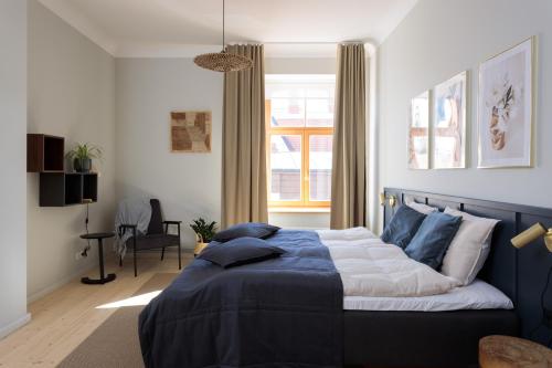 采西斯Centra Nams - Center Apartments的卧室配有蓝色和白色的床和窗户。