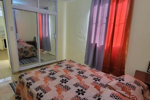 圣佩德罗-德马科里斯Casa Caracol的一间卧室设有一张床和一个大窗户