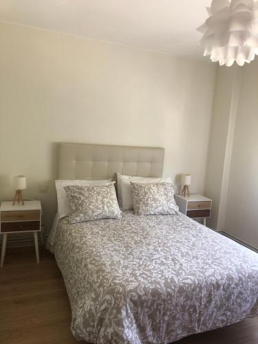圣地亚哥－德孔波斯特拉Alojamiento ideal en Santiago的一间卧室配有一张带两个枕头和两张桌子的床。