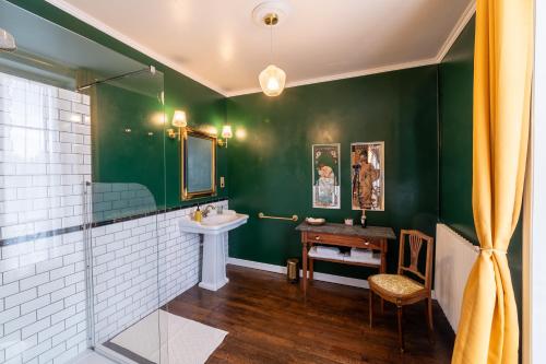 拉弗雷切Villa du Loir的绿色浴室设有水槽和淋浴
