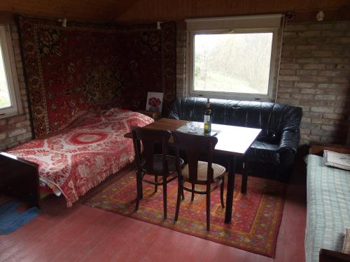 MaišiagalaMini sodyba的一间卧室配有桌子、一张沙发和一张床