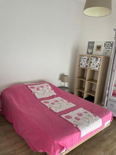 苏斯通agréableT2的一间卧室配有一张带粉色毯子的床