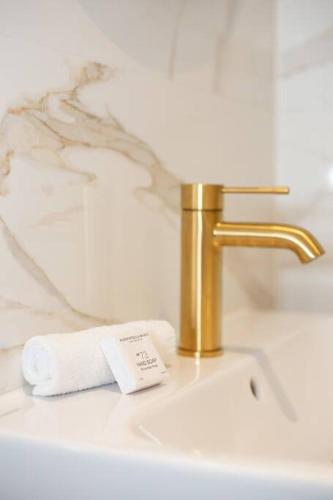 哈莱姆Anegang Boutique Hotel的浴室水槽配有金色水龙头和毛巾