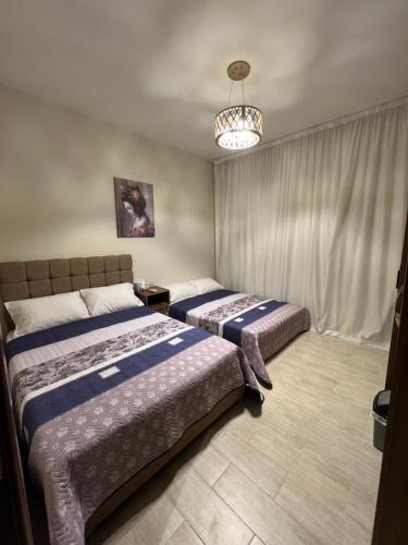 艾因苏赫纳Azha Luxury vacation villa Ain sokhna - families only的一间卧室配有两张床和吊灯。