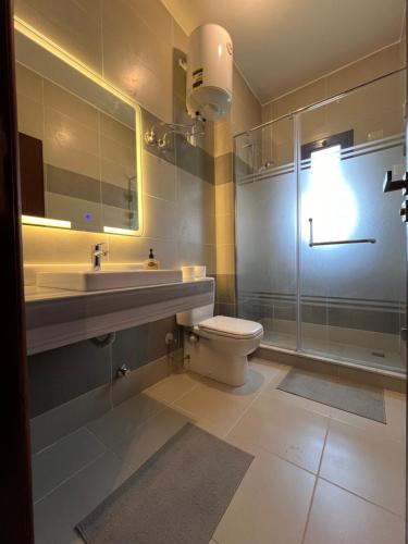 艾因苏赫纳Azha Luxury vacation villa Ain sokhna - families only的浴室配有卫生间、盥洗盆和淋浴。