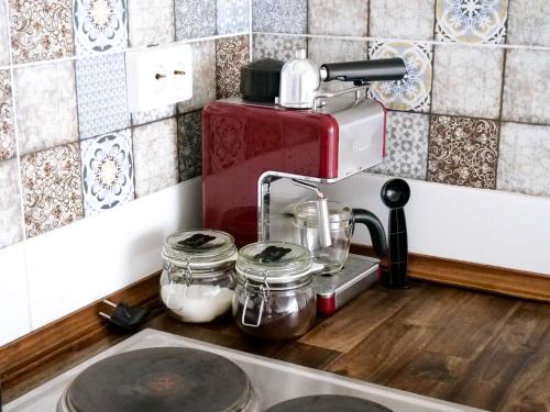 TagyonPipacs Apartman的厨房柜台上装有搅拌器和罐子