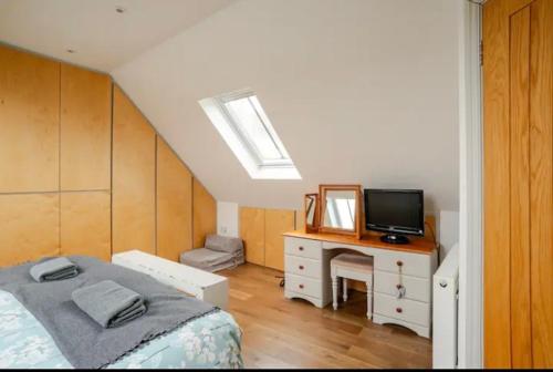 马姆斯伯里Stans Place Self Catering Cottage的一间卧室配有一张床和一张书桌及电视
