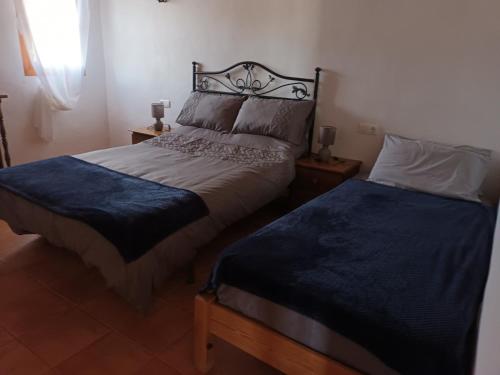 阿洛拉Montana retreat的一间卧室配有两张蓝色床单