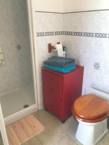 迪南Charmante maisonnette proximité cité médiévale et bords de Rance的一间带卫生间和红色橱柜的浴室