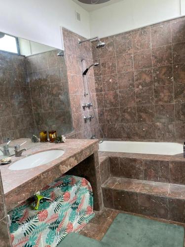 Le PecqChambre spacieuse avec terrasse dans villa d architecte的浴室配有盥洗盆和浴缸。
