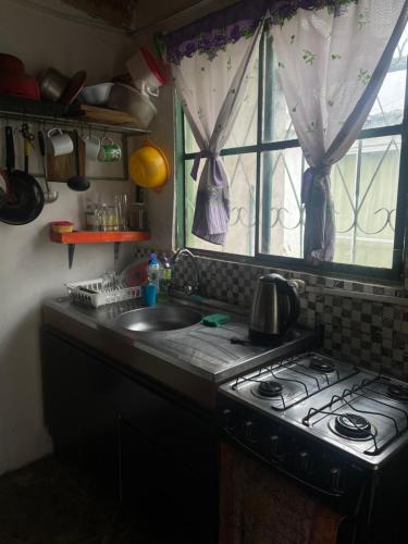 楚伊Tres Lunas Alojamiento Doble的厨房配有炉灶、水槽和窗户。