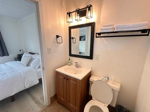 沙斯塔山高山小屋酒店的一间带卫生间、水槽和床的浴室