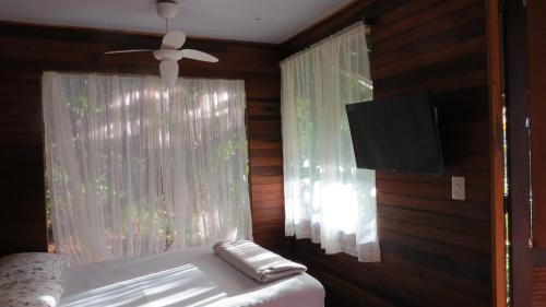 莫雷蒂斯Cabanas sítio Ancestral的一间卧室配有一张带吊扇和窗户的床。
