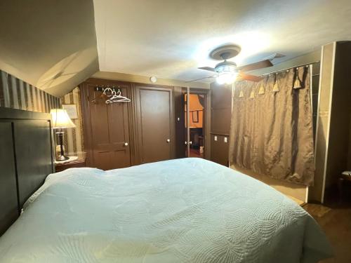 尼亚加拉瀑布THE RED STAR ROOM D的一间卧室配有一张大床和吊扇