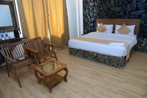 锡卡都Kallisto Resort Skardu的配有一张床和一把椅子的酒店客房