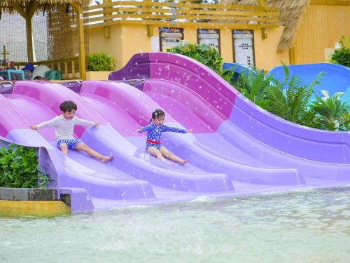 丽水市Latterace Resort的两个孩子滑下水上公园的水滑梯