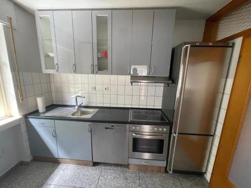 科隆Apartment Köln Porz的厨房配有不锈钢冰箱和水槽