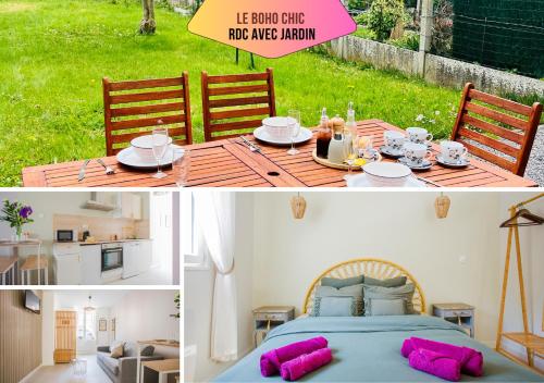 瓦朗西纳Ask Home - Le Boho Chic & Le Dandy的客房配有一张床和一张带粉红色枕头的桌子。