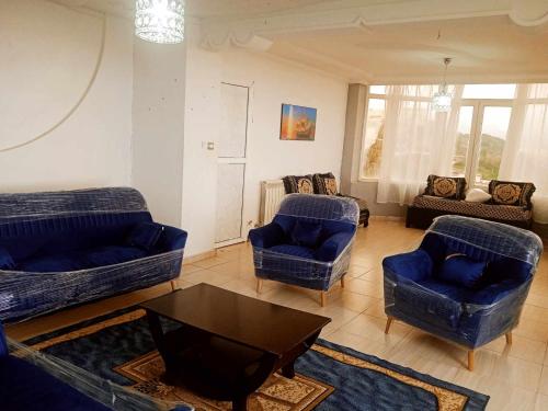斯基克达Jean d’arc的客厅配有蓝色的沙发和咖啡桌