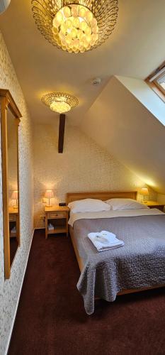 雷德尼斯扎莫奇莱德尼斯酒店的一间卧室配有一张大床和一个吊灯。