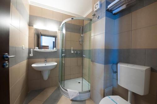 阿拉德Hotel Ana的带淋浴、卫生间和盥洗盆的浴室