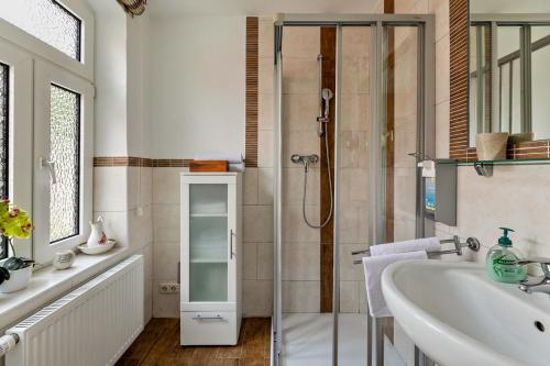 弗伦斯堡Ferienwohnung Kaffeemühle的带淋浴和盥洗盆的浴室