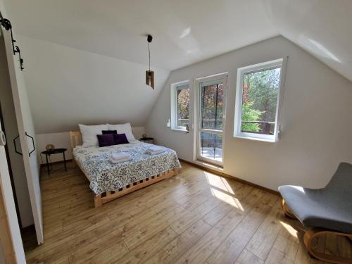 BrzozieCałkiem Klawa Enklawa的一间卧室设有一张床和两个窗户。