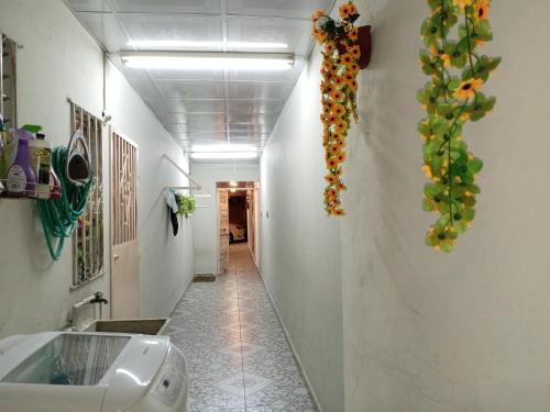 巴拿马城Apartamento a 10 minutos Aeropuerto Tocumen的墙上挂着鲜花的走廊