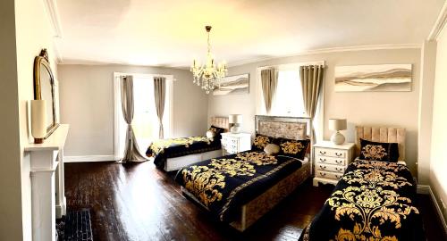 Ross Cross RoadsSkryne Castle的一间卧室配有两张床和吊灯。