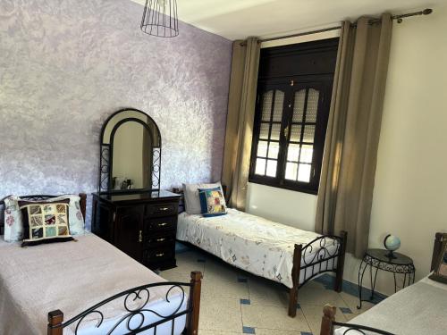 梅克内斯Dar el kebira的一间卧室配有两张床和镜子