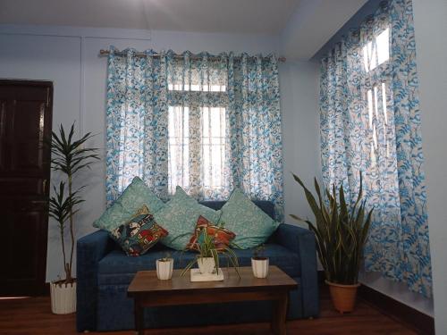 甘托克Bluebird'snest的客厅配有带枕头的蓝色沙发