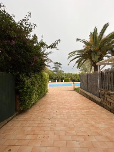 罗马HOTEL Villa Bertone的通往游泳池的砖砌走道