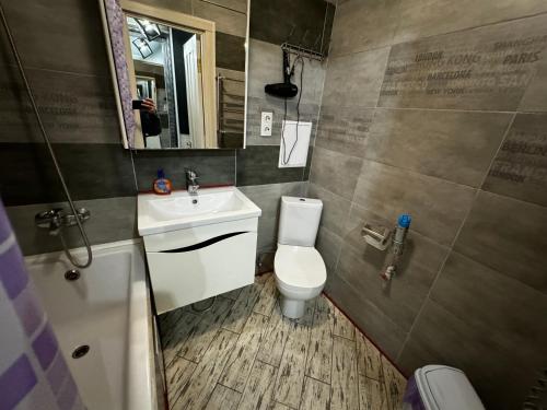 文尼察Apartment on Vatutina的一间带卫生间、水槽和镜子的浴室