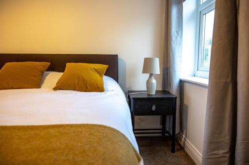 布里斯托Cozy 1-BR Sanctuary in Redland, Bristol的一间卧室配有一张带黄色枕头的床和一扇窗户