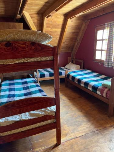 卡薇亚惠Hebes House的小屋内设有一间带两张双层床的卧室