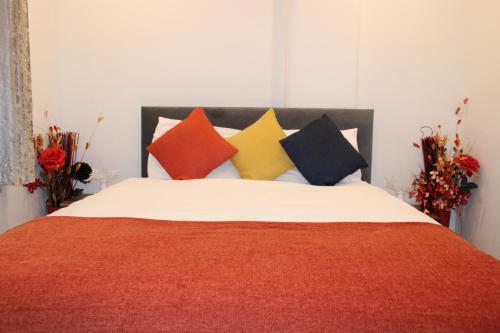 斯托克波特RB的一间卧室配有带色彩缤纷枕头的床