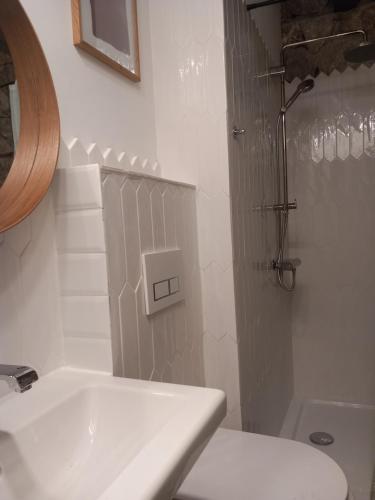 新瓦罗什ZlatAir Twins的白色的浴室设有水槽和淋浴。